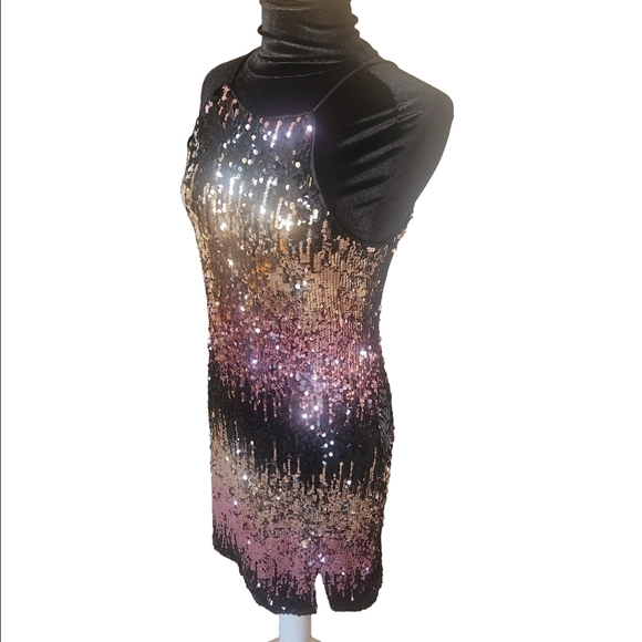 Venus Sequin Halter Dress - Black and Pink - Picture 3 of 5